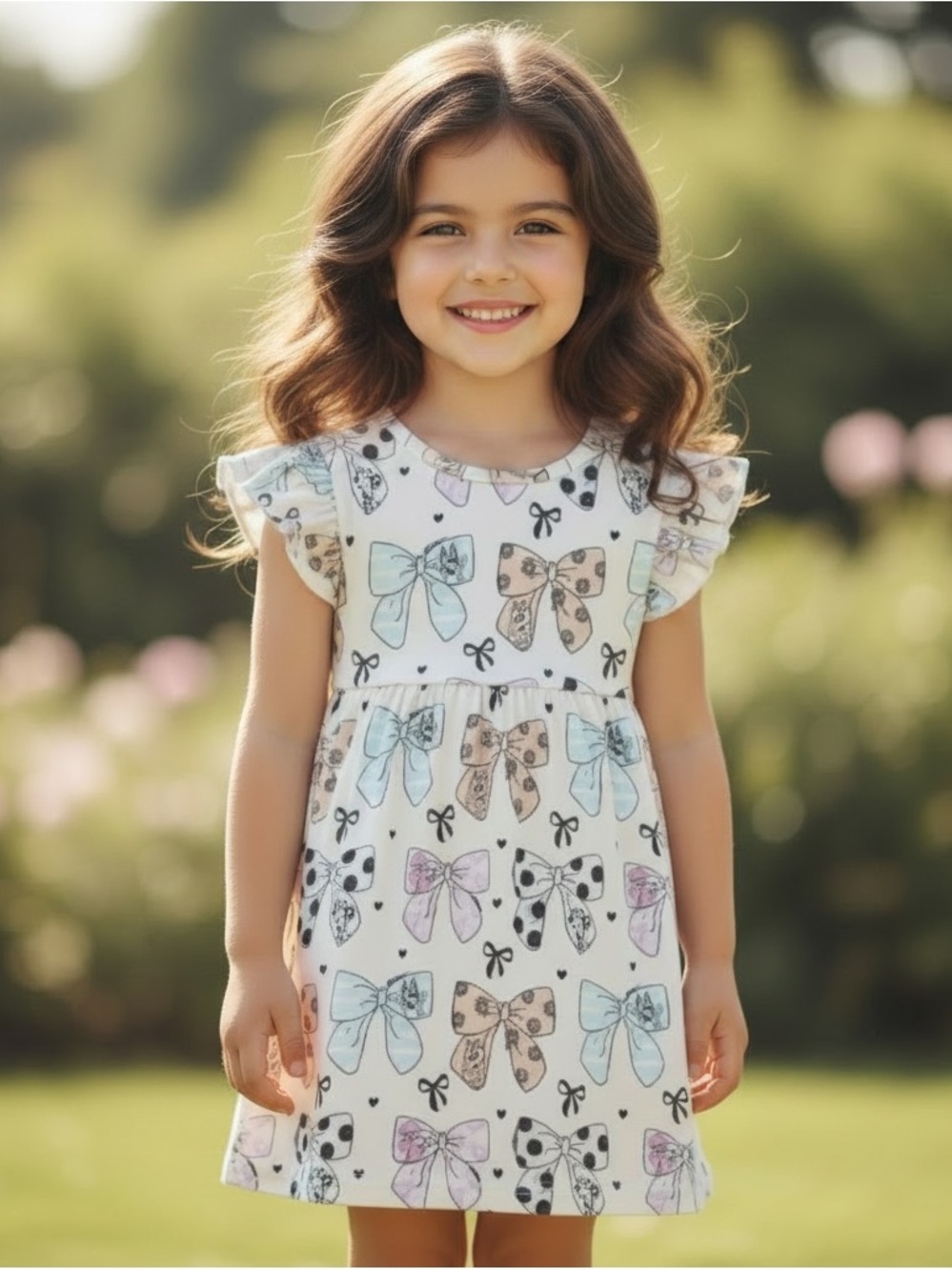 New Boutique Girls Bluey Bow-Print Flutter Sleeve Dress Casual Fun Summer